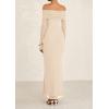 imagePRETTYGARDEN Off The Shoulder Maxi Dresses for Women 2025 Spring Long Sleeve Mesh Party Formal Wedding Guest DressApricot