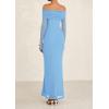 imagePRETTYGARDEN Off The Shoulder Maxi Dresses for Women 2025 Spring Long Sleeve Mesh Party Formal Wedding Guest DressLight Blue