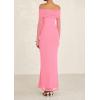 imagePRETTYGARDEN Off The Shoulder Maxi Dresses for Women 2025 Spring Long Sleeve Mesh Party Formal Wedding Guest DressPink