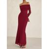 imagePRETTYGARDEN Off The Shoulder Maxi Dresses for Women 2025 Spring Long Sleeve Mesh Party Formal Wedding Guest DressWine Red