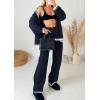 imagePRETTYGARDEN Womens 2 Piece Outfits Knit Matching Lounge Sets Long Sleeve V Neck Cardigan Sweaters Wide Leg Pants TracksuitsNavy
