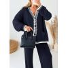 imagePRETTYGARDEN Womens 2 Piece Outfits Knit Matching Lounge Sets Long Sleeve V Neck Cardigan Sweaters Wide Leg Pants TracksuitsNavy