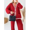 imagePRETTYGARDEN Womens 2 Piece Outfits Knit Matching Lounge Sets Long Sleeve V Neck Cardigan Sweaters Wide Leg Pants TracksuitsRed