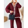 imagePRETTYGARDEN Womens 2 Piece Outfits Knit Matching Lounge Sets Long Sleeve V Neck Cardigan Sweaters Wide Leg Pants TracksuitsWine Red
