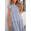 imagePRETTYGARDEN Womens Floral Midi Dress 2025 Summer Cap Sleeve Smocked Ruffle A Line Long Flowy Wedding Guest DressesGrey Blue
