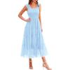 imagePRETTYGARDEN Womens Summer Midi Tulle Dress Sleeveless Smocked Square Neck Ruffle Flowy Party Wedding Guest SundressLight Blue