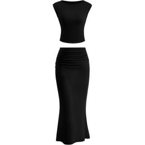 imagePRETTYGARDEN 2 Piece Sets for Women Summer 2025 Cap Sleeve Crop Tops Ruched Maxi Skirt Sets Spring Matching Vacation OutfitsBlack