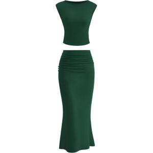 imagePRETTYGARDEN 2 Piece Sets for Women Summer 2025 Cap Sleeve Crop Tops Ruched Maxi Skirt Sets Spring Matching Vacation OutfitsDark Green