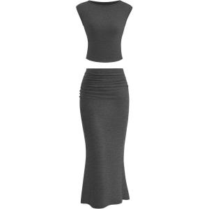 imagePRETTYGARDEN 2 Piece Sets for Women Summer 2025 Cap Sleeve Crop Tops Ruched Maxi Skirt Sets Spring Matching Vacation OutfitsGrey
