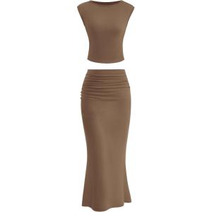 imagePRETTYGARDEN 2 Piece Sets for Women Summer 2025 Cap Sleeve Crop Tops Ruched Maxi Skirt Sets Spring Matching Vacation OutfitsKhaki