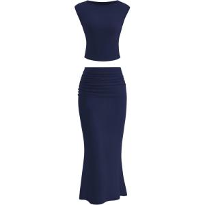imagePRETTYGARDEN 2 Piece Sets for Women Summer 2025 Cap Sleeve Crop Tops Ruched Maxi Skirt Sets Spring Matching Vacation OutfitsNavy