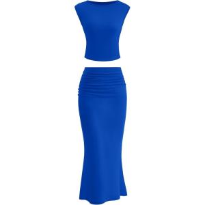 imagePRETTYGARDEN 2 Piece Sets for Women Summer 2025 Cap Sleeve Crop Tops Ruched Maxi Skirt Sets Spring Matching Vacation OutfitsRoyal Blue
