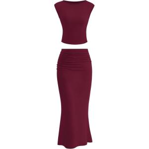 imagePRETTYGARDEN 2 Piece Sets for Women Summer 2025 Cap Sleeve Crop Tops Ruched Maxi Skirt Sets Spring Matching Vacation OutfitsWine Red