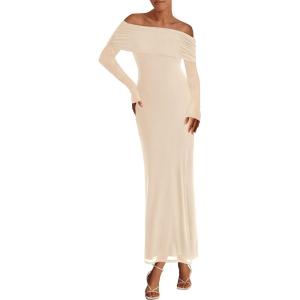 imagePRETTYGARDEN Off The Shoulder Maxi Dresses for Women 2025 Spring Long Sleeve Mesh Party Formal Wedding Guest DressApricot