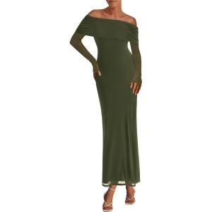 imagePRETTYGARDEN Off The Shoulder Maxi Dresses for Women 2025 Spring Long Sleeve Mesh Party Formal Wedding Guest DressArmy Green