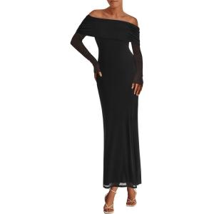 imagePRETTYGARDEN Off The Shoulder Maxi Dresses for Women 2025 Spring Long Sleeve Mesh Party Formal Wedding Guest DressBlack
