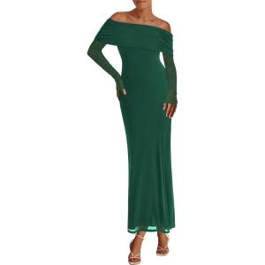 imagePRETTYGARDEN Off The Shoulder Maxi Dresses for Women 2025 Spring Long Sleeve Mesh Party Formal Wedding Guest DressGreen