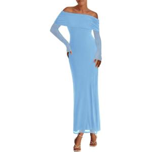 imagePRETTYGARDEN Off The Shoulder Maxi Dresses for Women 2025 Spring Long Sleeve Mesh Party Formal Wedding Guest DressLight Blue