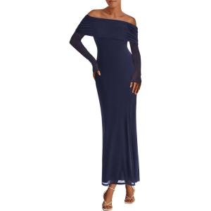 imagePRETTYGARDEN Off The Shoulder Maxi Dresses for Women 2025 Spring Long Sleeve Mesh Party Formal Wedding Guest DressNavy
