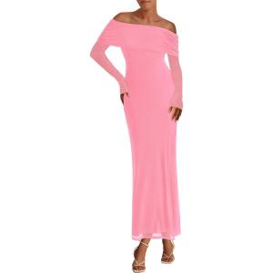 imagePRETTYGARDEN Off The Shoulder Maxi Dresses for Women 2025 Spring Long Sleeve Mesh Party Formal Wedding Guest DressPink