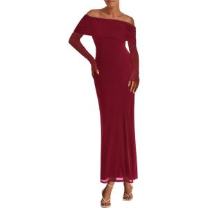 imagePRETTYGARDEN Off The Shoulder Maxi Dresses for Women 2025 Spring Long Sleeve Mesh Party Formal Wedding Guest DressWine Red