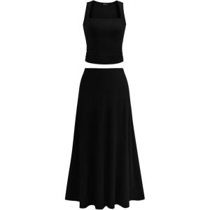 imagePRETTYGARDEN Skirt Sets Women 2 Piece Outfits 2025 Summer Casual Knit Tank Tops Flowy Midi Skirts Matching Vacation ClothesBlack
