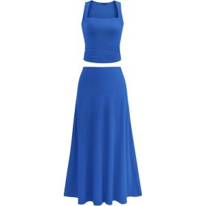imagePRETTYGARDEN Skirt Sets Women 2 Piece Outfits 2025 Summer Casual Knit Tank Tops Flowy Midi Skirts Matching Vacation ClothesBlue