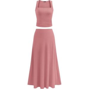 imagePRETTYGARDEN Skirt Sets Women 2 Piece Outfits 2025 Summer Casual Knit Tank Tops Flowy Midi Skirts Matching Vacation ClothesDusty Pink