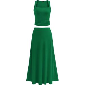 imagePRETTYGARDEN Skirt Sets Women 2 Piece Outfits 2025 Summer Casual Knit Tank Tops Flowy Midi Skirts Matching Vacation ClothesGreen