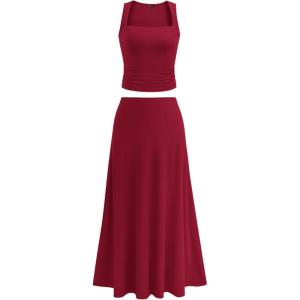 imagePRETTYGARDEN Skirt Sets Women 2 Piece Outfits 2025 Summer Casual Knit Tank Tops Flowy Midi Skirts Matching Vacation ClothesWine Red