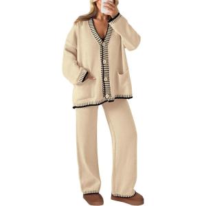 imagePRETTYGARDEN Womens 2 Piece Outfits Knit Matching Lounge Sets Long Sleeve V Neck Cardigan Sweaters Wide Leg Pants TracksuitsBeige
