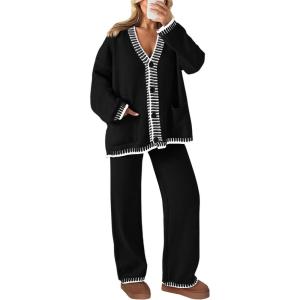imagePRETTYGARDEN Womens 2 Piece Outfits Knit Matching Lounge Sets Long Sleeve V Neck Cardigan Sweaters Wide Leg Pants TracksuitsBlack