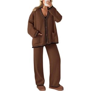imagePRETTYGARDEN Womens 2 Piece Outfits Knit Matching Lounge Sets Long Sleeve V Neck Cardigan Sweaters Wide Leg Pants TracksuitsCoffee