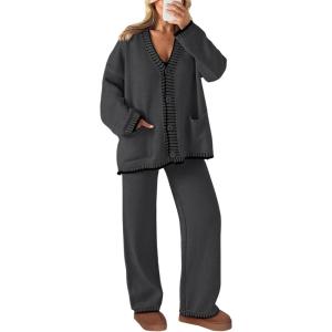 imagePRETTYGARDEN Womens 2 Piece Outfits Knit Matching Lounge Sets Long Sleeve V Neck Cardigan Sweaters Wide Leg Pants TracksuitsDark Grey