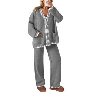 imagePRETTYGARDEN Womens 2 Piece Outfits Knit Matching Lounge Sets Long Sleeve V Neck Cardigan Sweaters Wide Leg Pants TracksuitsGrey