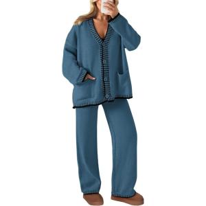 imagePRETTYGARDEN Womens 2 Piece Outfits Knit Matching Lounge Sets Long Sleeve V Neck Cardigan Sweaters Wide Leg Pants TracksuitsGrey Blue
