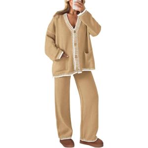 imagePRETTYGARDEN Womens 2 Piece Outfits Knit Matching Lounge Sets Long Sleeve V Neck Cardigan Sweaters Wide Leg Pants TracksuitsKhaki