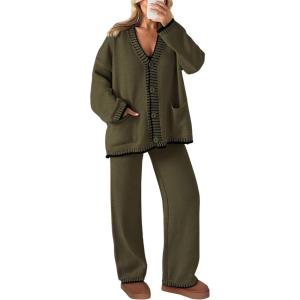imagePRETTYGARDEN Womens 2 Piece Outfits Knit Matching Lounge Sets Long Sleeve V Neck Cardigan Sweaters Wide Leg Pants TracksuitsKhaki Green
