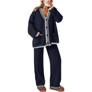 imagePRETTYGARDEN Womens 2 Piece Outfits Knit Matching Lounge Sets Long Sleeve V Neck Cardigan Sweaters Wide Leg Pants TracksuitsNavy
