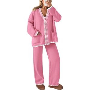 imagePRETTYGARDEN Womens 2 Piece Outfits Knit Matching Lounge Sets Long Sleeve V Neck Cardigan Sweaters Wide Leg Pants TracksuitsPink