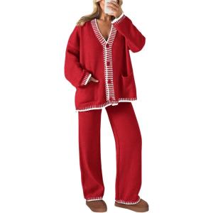imagePRETTYGARDEN Womens 2 Piece Outfits Knit Matching Lounge Sets Long Sleeve V Neck Cardigan Sweaters Wide Leg Pants TracksuitsRed
