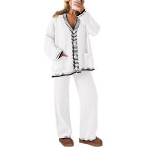 imagePRETTYGARDEN Womens 2 Piece Outfits Knit Matching Lounge Sets Long Sleeve V Neck Cardigan Sweaters Wide Leg Pants TracksuitsWhite