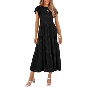imagePRETTYGARDEN Womens Floral Midi Dress 2025 Summer Cap Sleeve Smocked Ruffle A Line Long Flowy Wedding Guest DressesBlack