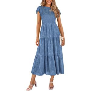 imagePRETTYGARDEN Womens Floral Midi Dress 2025 Summer Cap Sleeve Smocked Ruffle A Line Long Flowy Wedding Guest DressesBlue