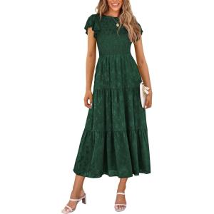 imagePRETTYGARDEN Womens Floral Midi Dress 2025 Summer Cap Sleeve Smocked Ruffle A Line Long Flowy Wedding Guest DressesDark Green