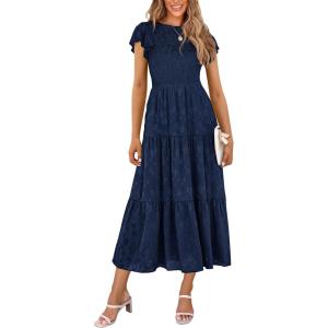 imagePRETTYGARDEN Womens Floral Midi Dress 2025 Summer Cap Sleeve Smocked Ruffle A Line Long Flowy Wedding Guest DressesNavy