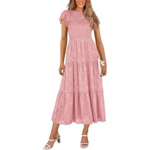 imagePRETTYGARDEN Womens Floral Midi Dress 2025 Summer Cap Sleeve Smocked Ruffle A Line Long Flowy Wedding Guest DressesPink