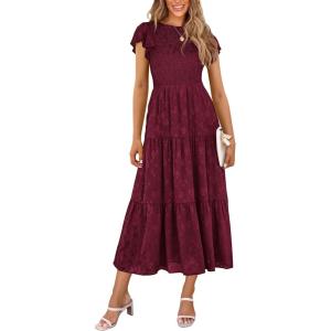 imagePRETTYGARDEN Womens Floral Midi Dress 2025 Summer Cap Sleeve Smocked Ruffle A Line Long Flowy Wedding Guest DressesWine Red