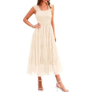 imagePRETTYGARDEN Womens Summer Midi Tulle Dress Sleeveless Smocked Square Neck Ruffle Flowy Party Wedding Guest SundressBeige