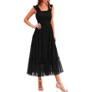 imagePRETTYGARDEN Womens Summer Midi Tulle Dress Sleeveless Smocked Square Neck Ruffle Flowy Party Wedding Guest SundressBlack
